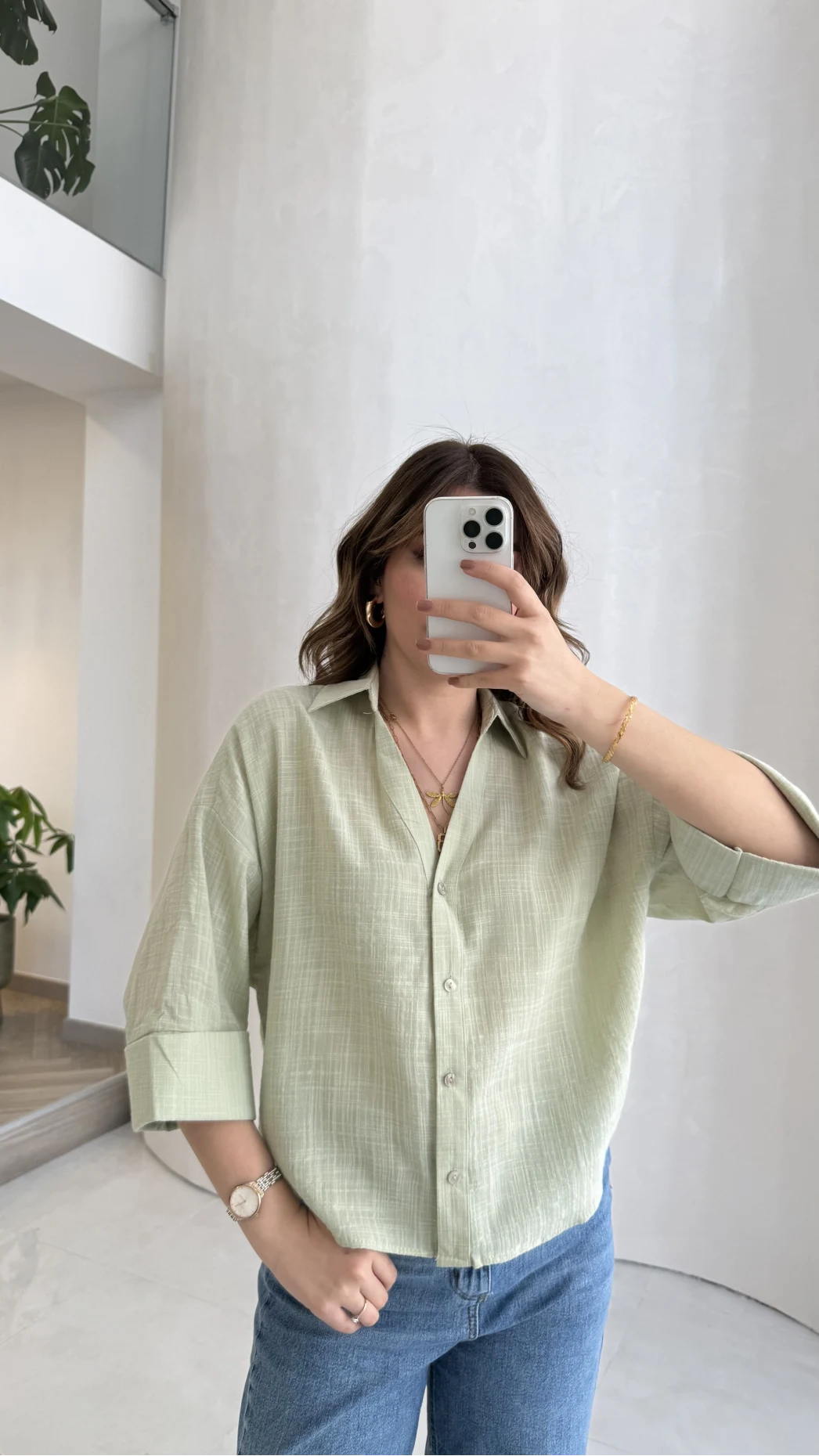 Şantuk Keten Kumaş Gömlek - Çağla - Kod: 2164