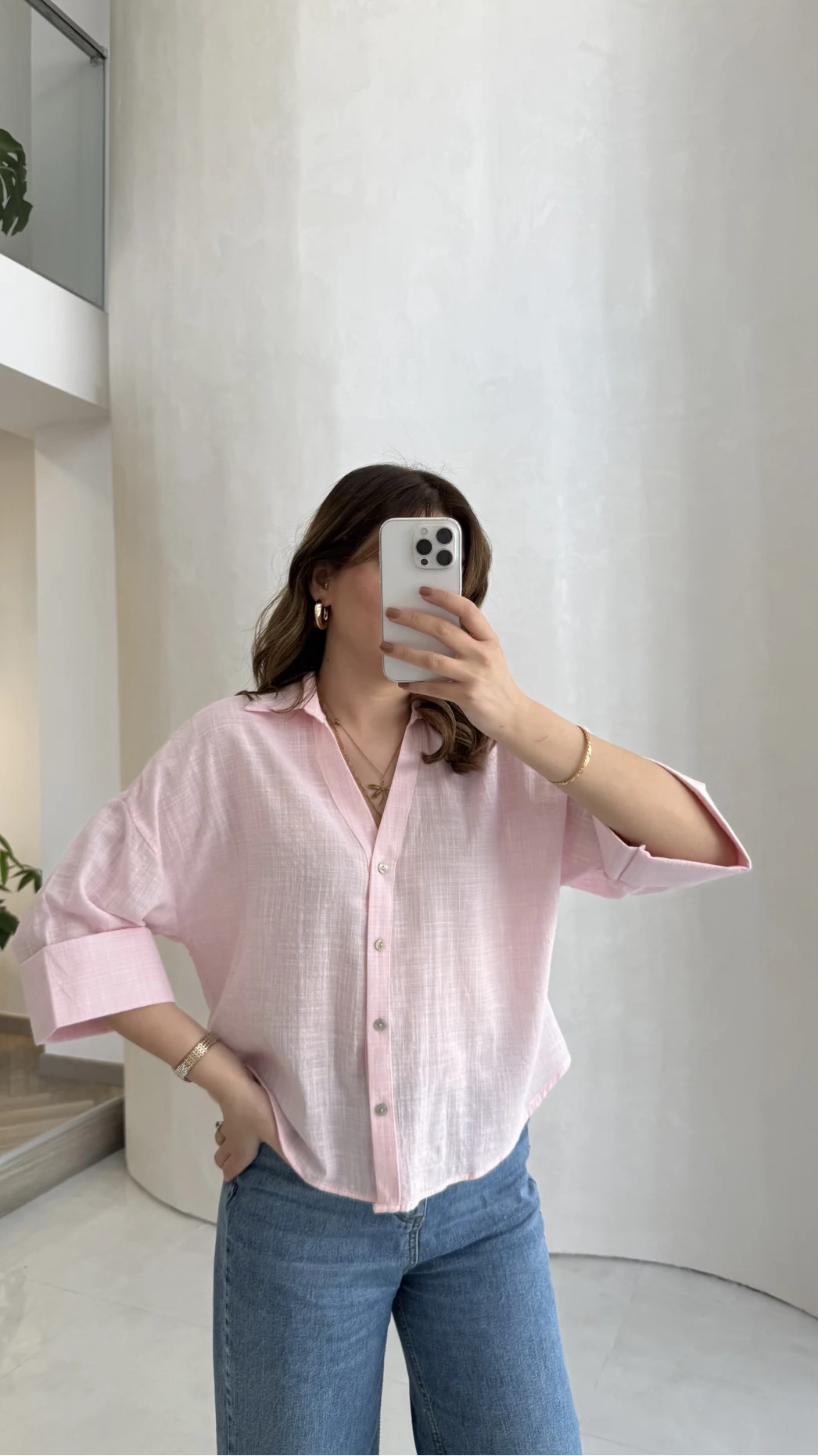 Şantuk Keten Kumaş Gömlek - Pembe - Kod: 2164