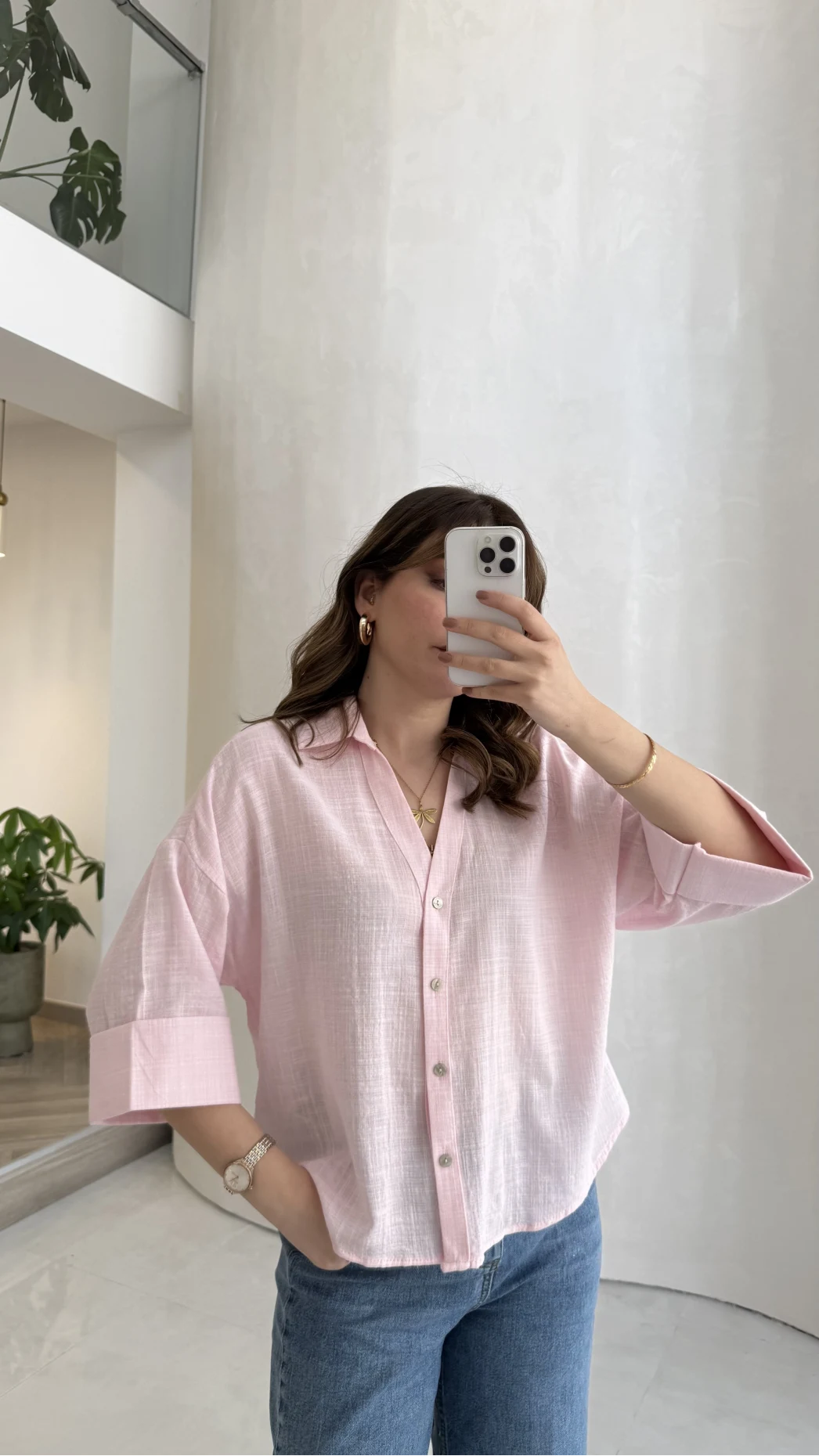 Şantuk Keten Kumaş Gömlek - Pembe - Kod: 2164