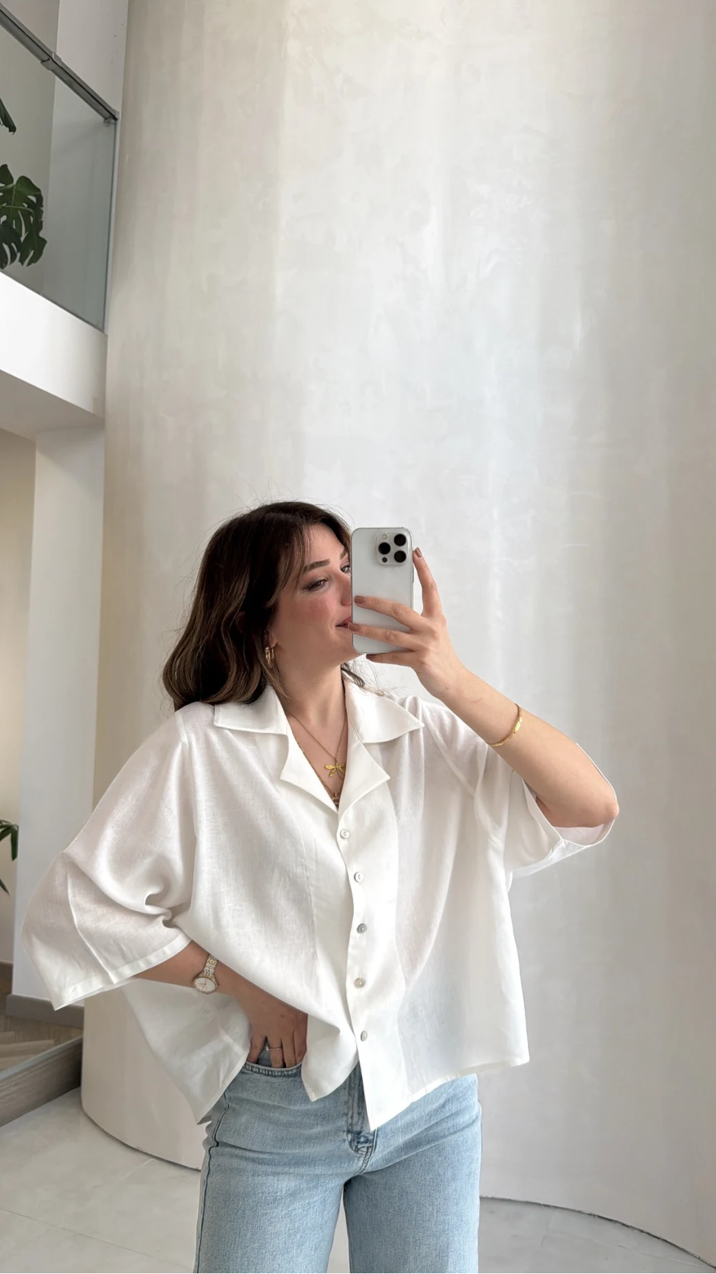 Keten Kumaş Gömlek - Beyaz - Kod: 4982