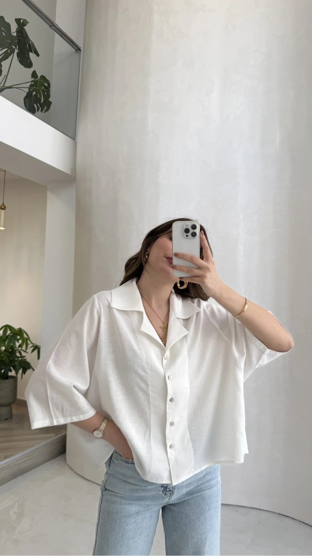 Keten Kumaş Gömlek - Beyaz - Kod: 4982