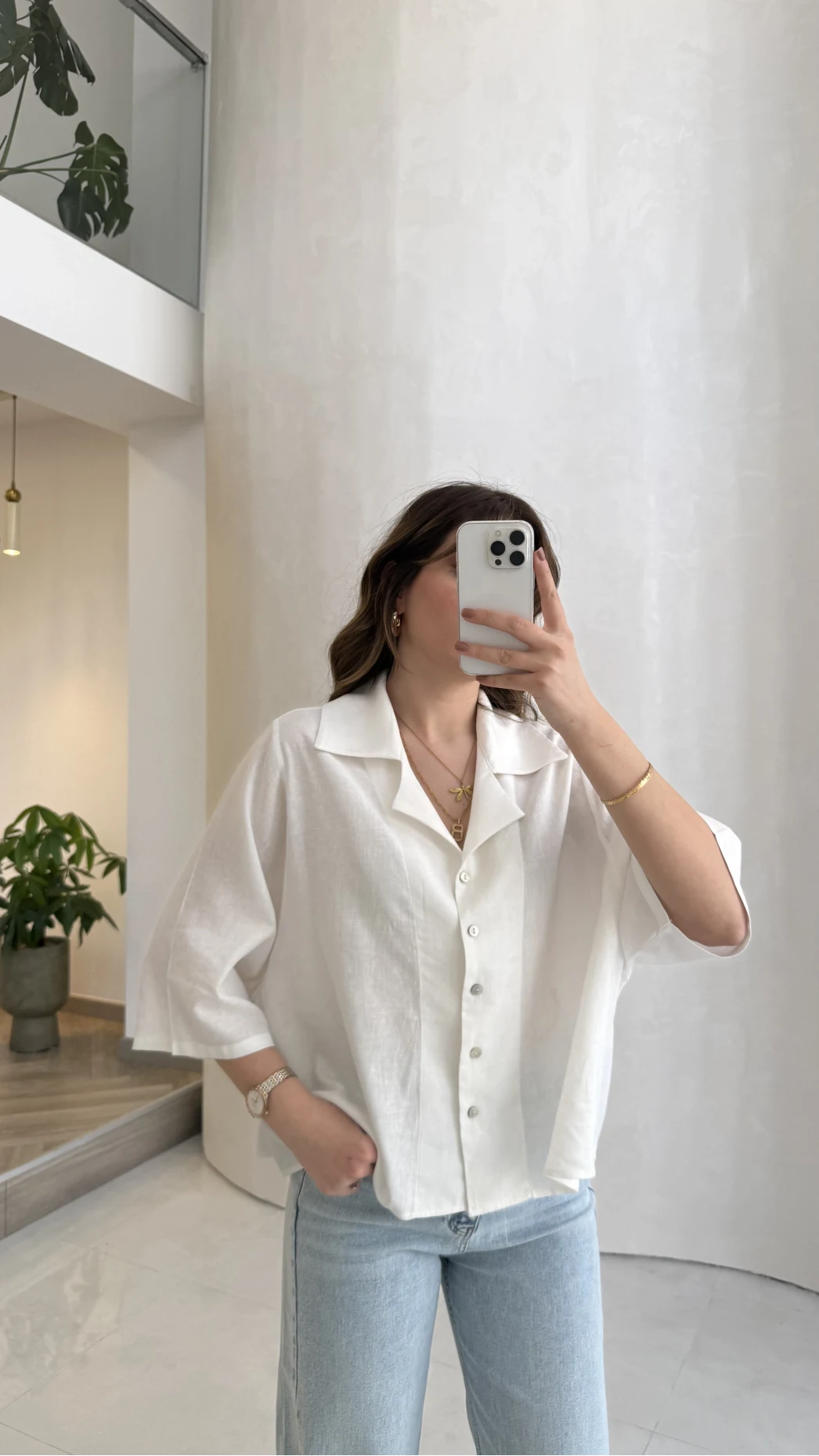 Keten Kumaş Gömlek - Beyaz - Kod: 4982