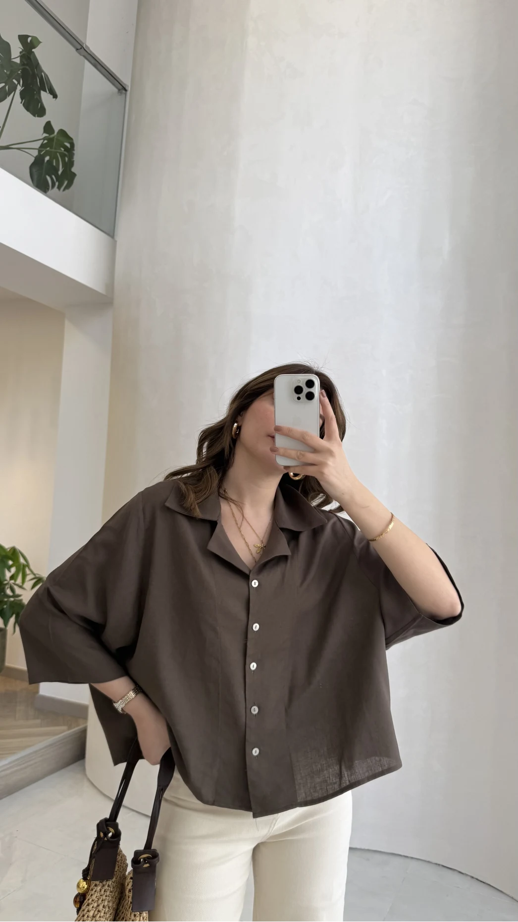 Keten Kumaş Gömlek - Kahve - Kod: 4982