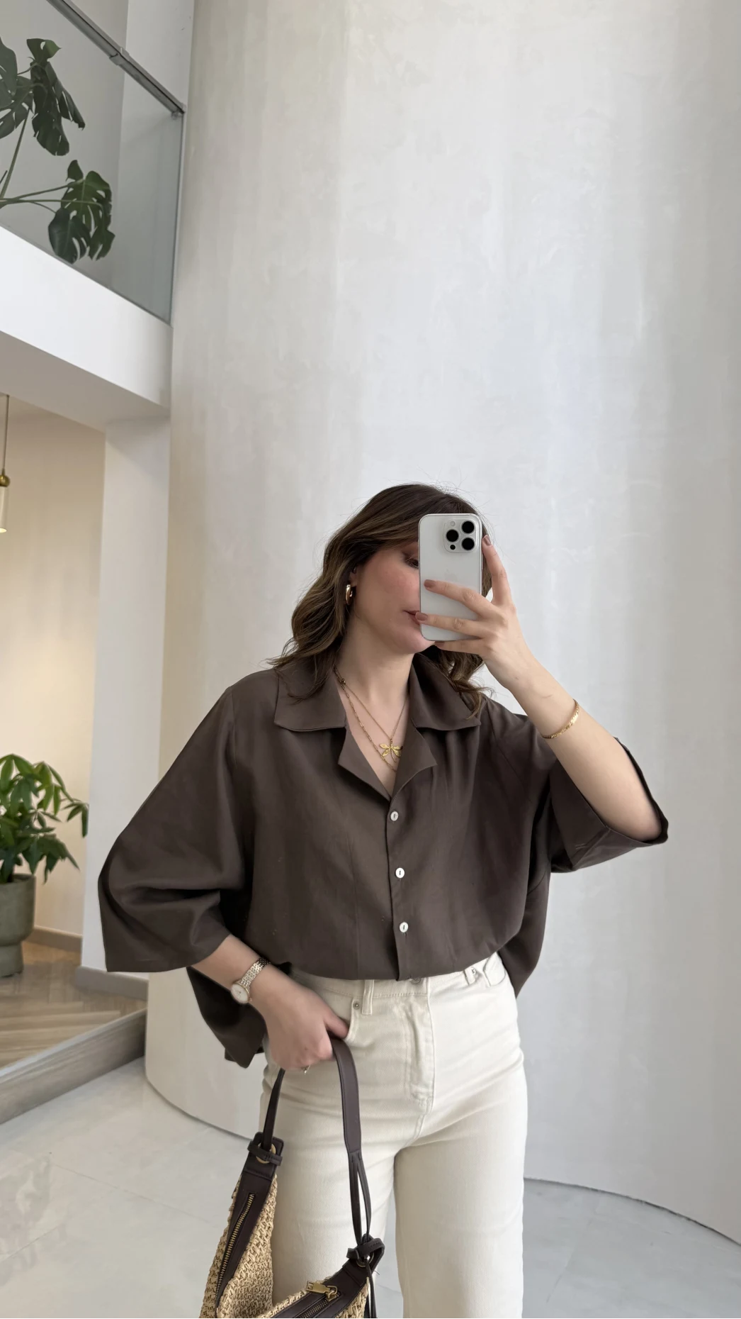 Keten Kumaş Gömlek - Kahve - Kod: 4982