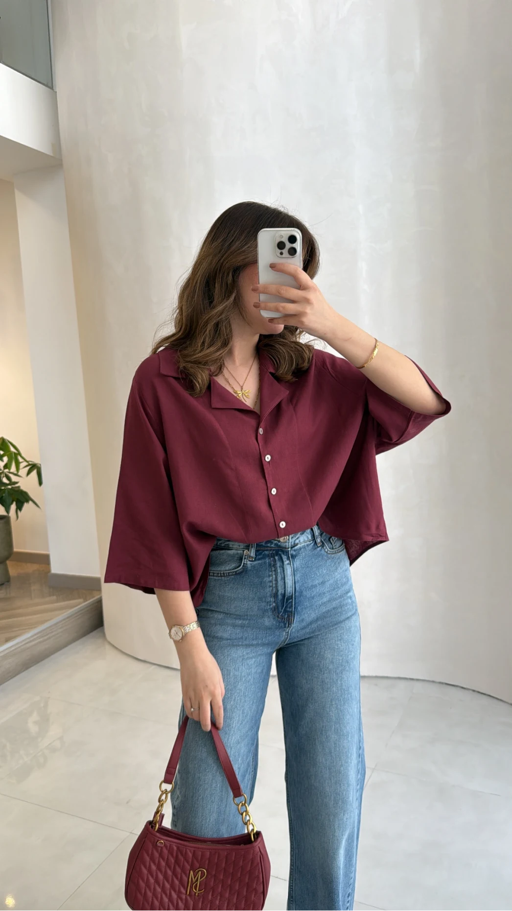 Keten Kumaş Gömlek - Bordo - Kod: 4982