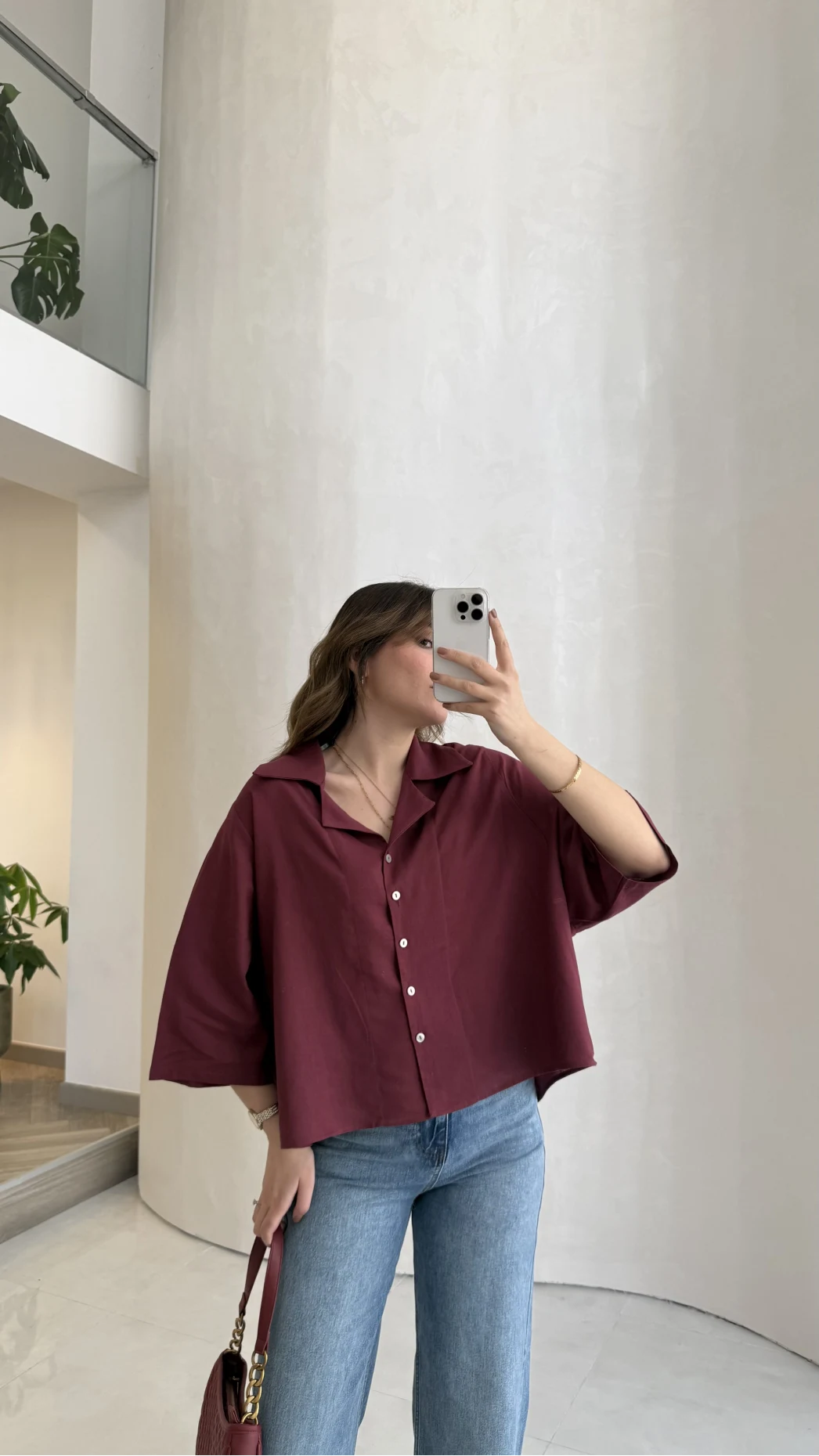 Keten Kumaş Gömlek - Bordo - Kod: 4982