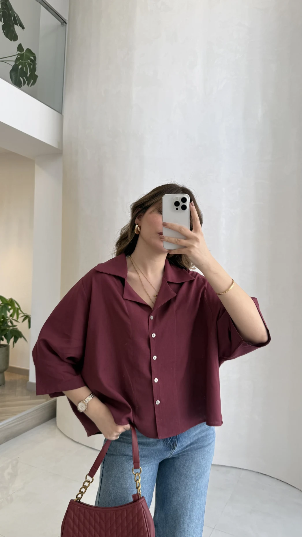 Keten Kumaş Gömlek - Bordo - Kod: 4982