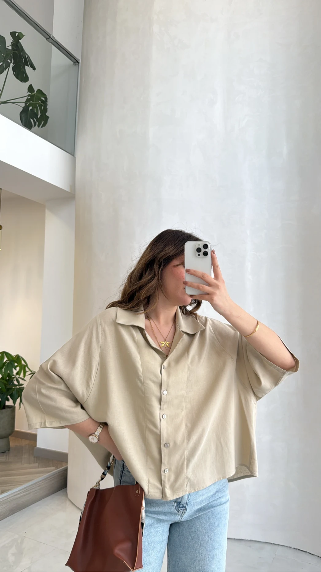 Keten Kumaş Gömlek - Taş - Kod: 4982