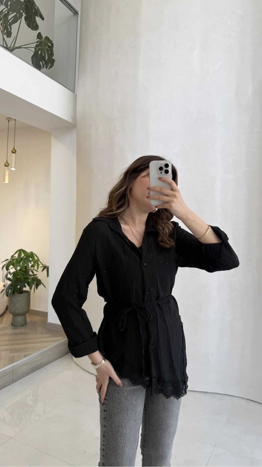 Bağlamalı Dantel Detay Çizgili İçi Askılı Body Gömlek - Siyah - Kod: 39290