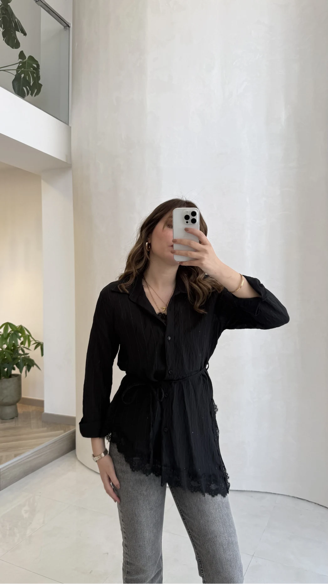 Bağlamalı Dantel Detay Çizgili İçi Askılı Body Gömlek - Siyah - Kod: 39290