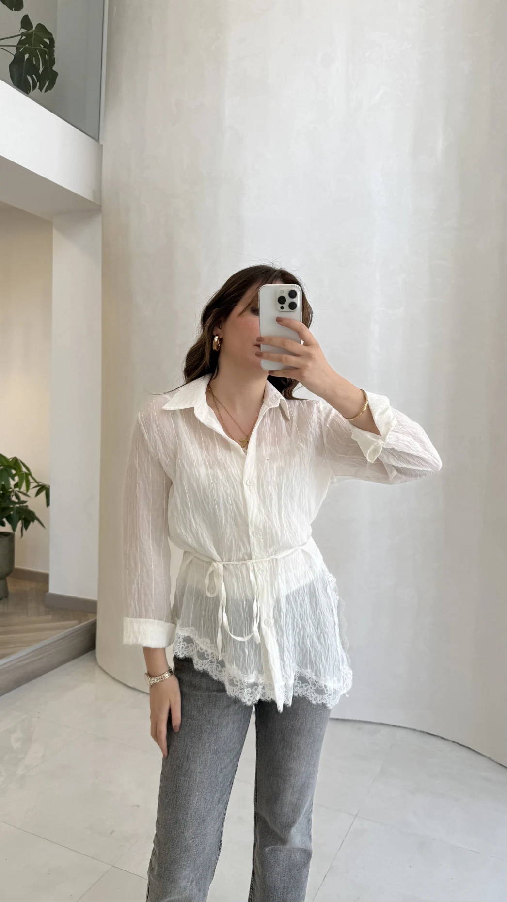 Bağlamalı Dantel Detay Çizgili İçi Askılı Body Gömlek - Ekru - Kod: 39290