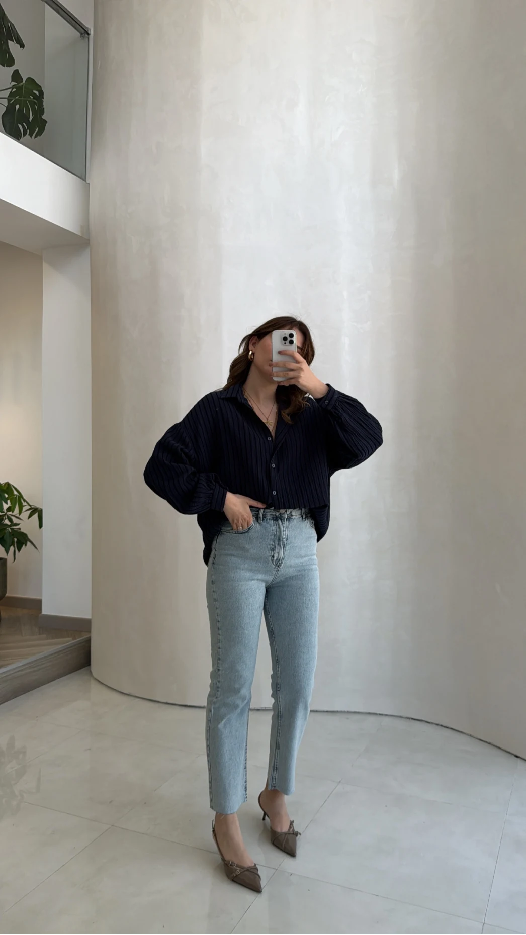 Helen Pamuk Kumaş Uzun Çizgili Gömlek - Lacivert - Kod: 2194