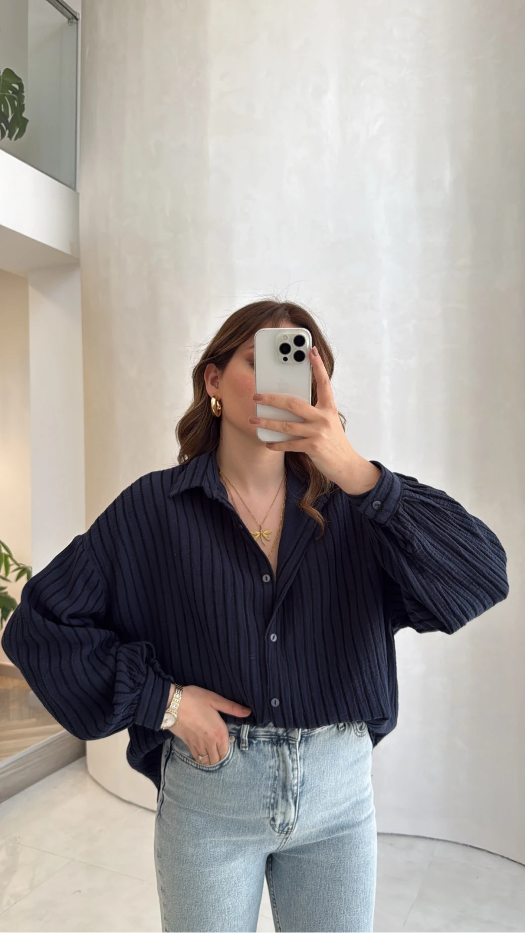 Helen Pamuk Kumaş Uzun Çizgili Gömlek - Lacivert - Kod: 2194