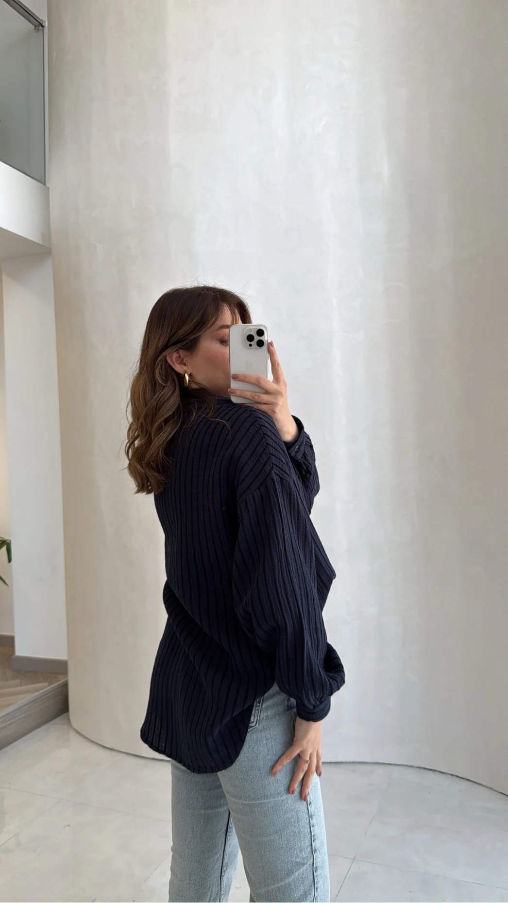 Helen Pamuk Kumaş Uzun Çizgili Gömlek - Lacivert - Kod: 2194