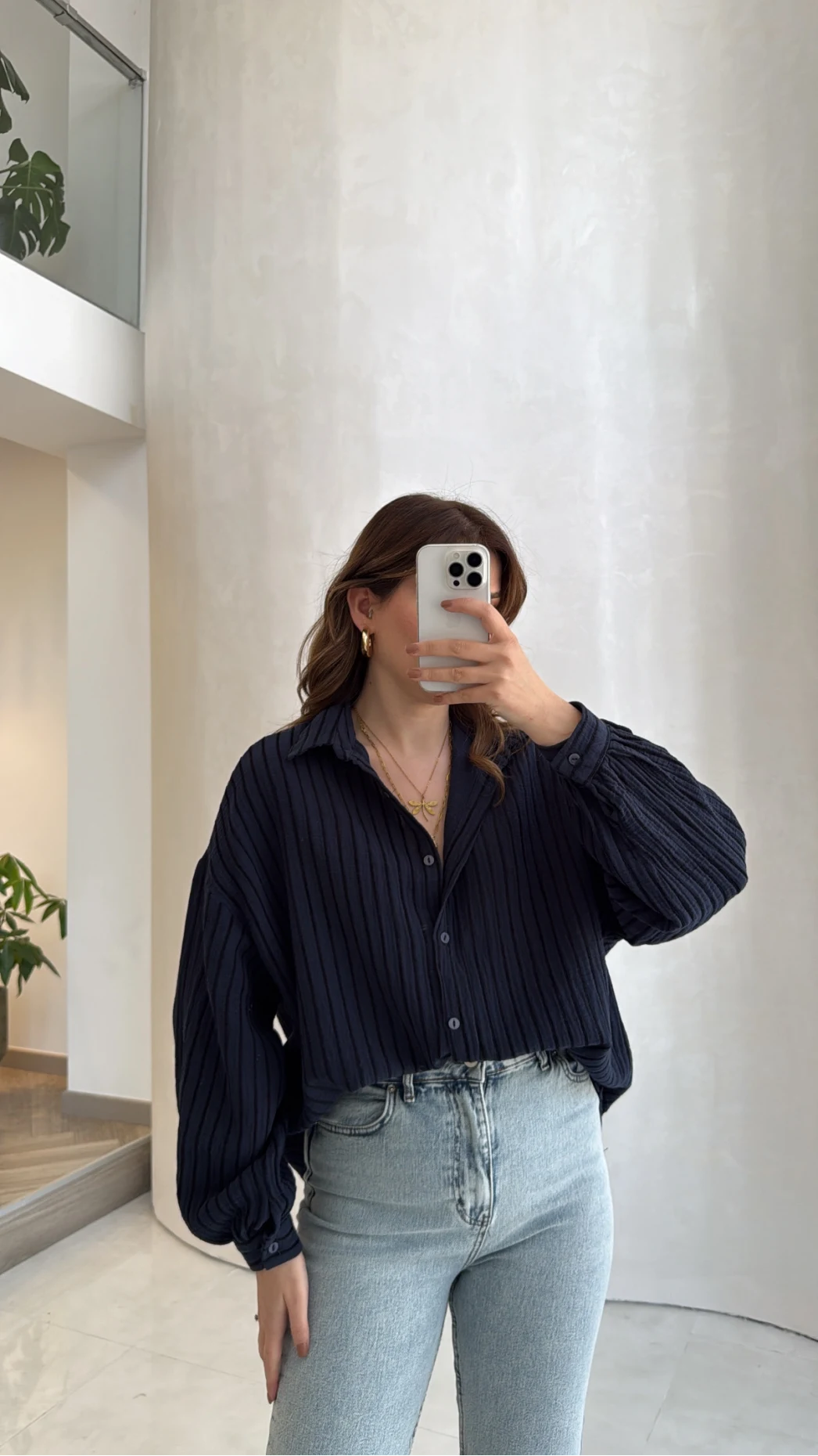 Helen Pamuk Kumaş Uzun Çizgili Gömlek - Lacivert - Kod: 2194