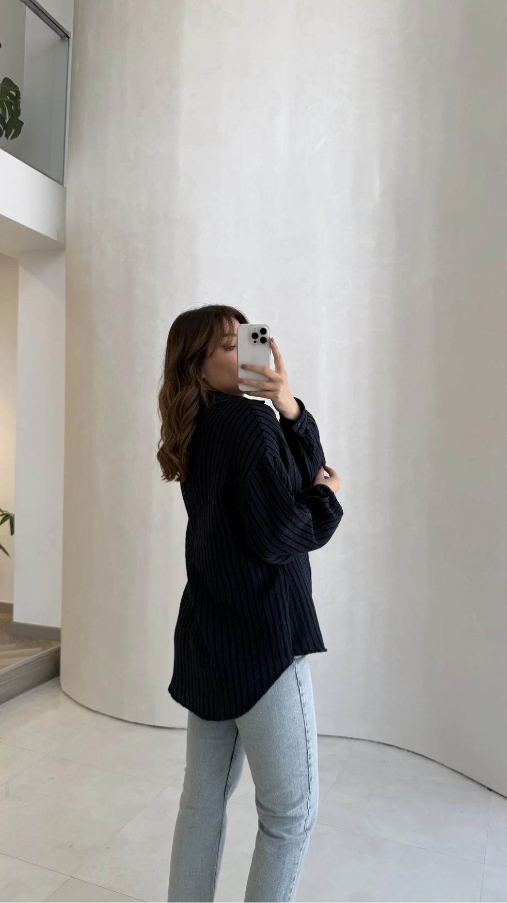 Helen Pamuk Kumaş Uzun Çizgili Gömlek - Lacivert - Kod: 2194