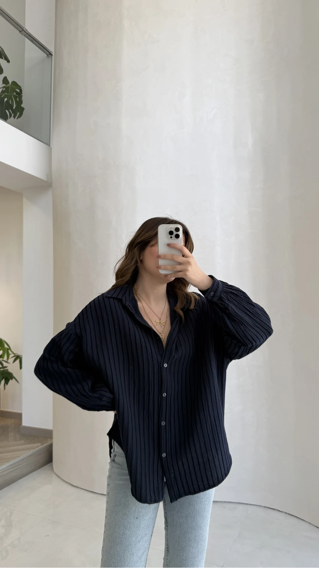 Helen Pamuk Kumaş Uzun Çizgili Gömlek - Lacivert - Kod: 2194