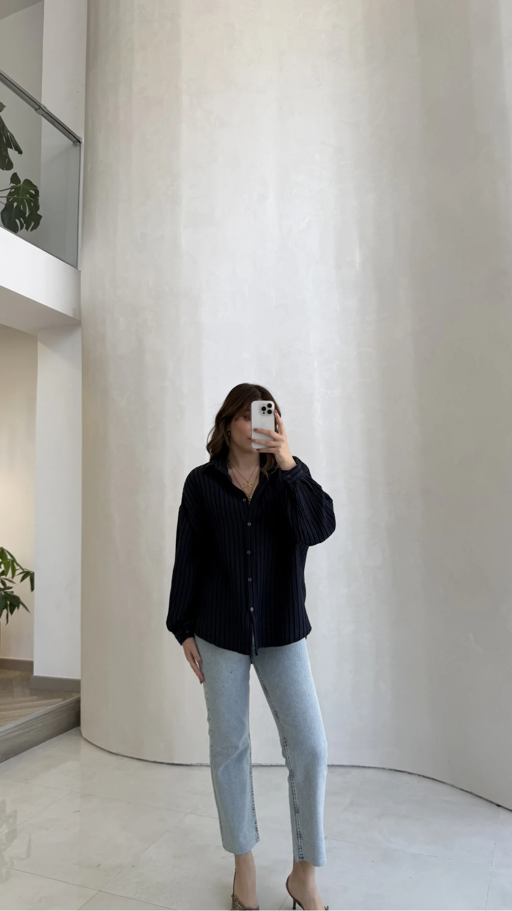 Helen Pamuk Kumaş Uzun Çizgili Gömlek - Lacivert - Kod: 2194