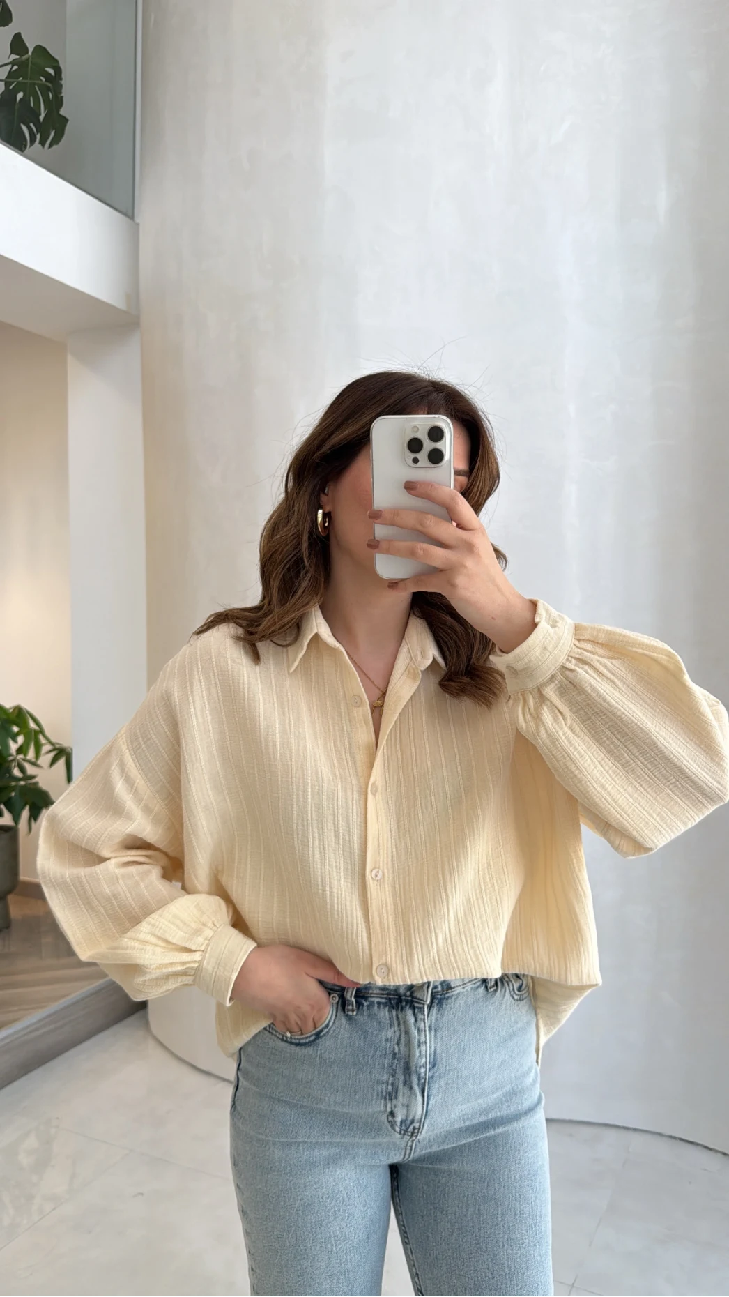 Helen Pamuk Kumaş Uzun Çizgili Gömlek - Sarı - Kod: 2194