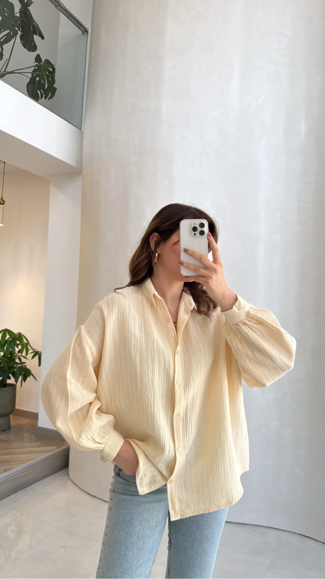 Helen Pamuk Kumaş Uzun Çizgili Gömlek - Sarı - Kod: 2194