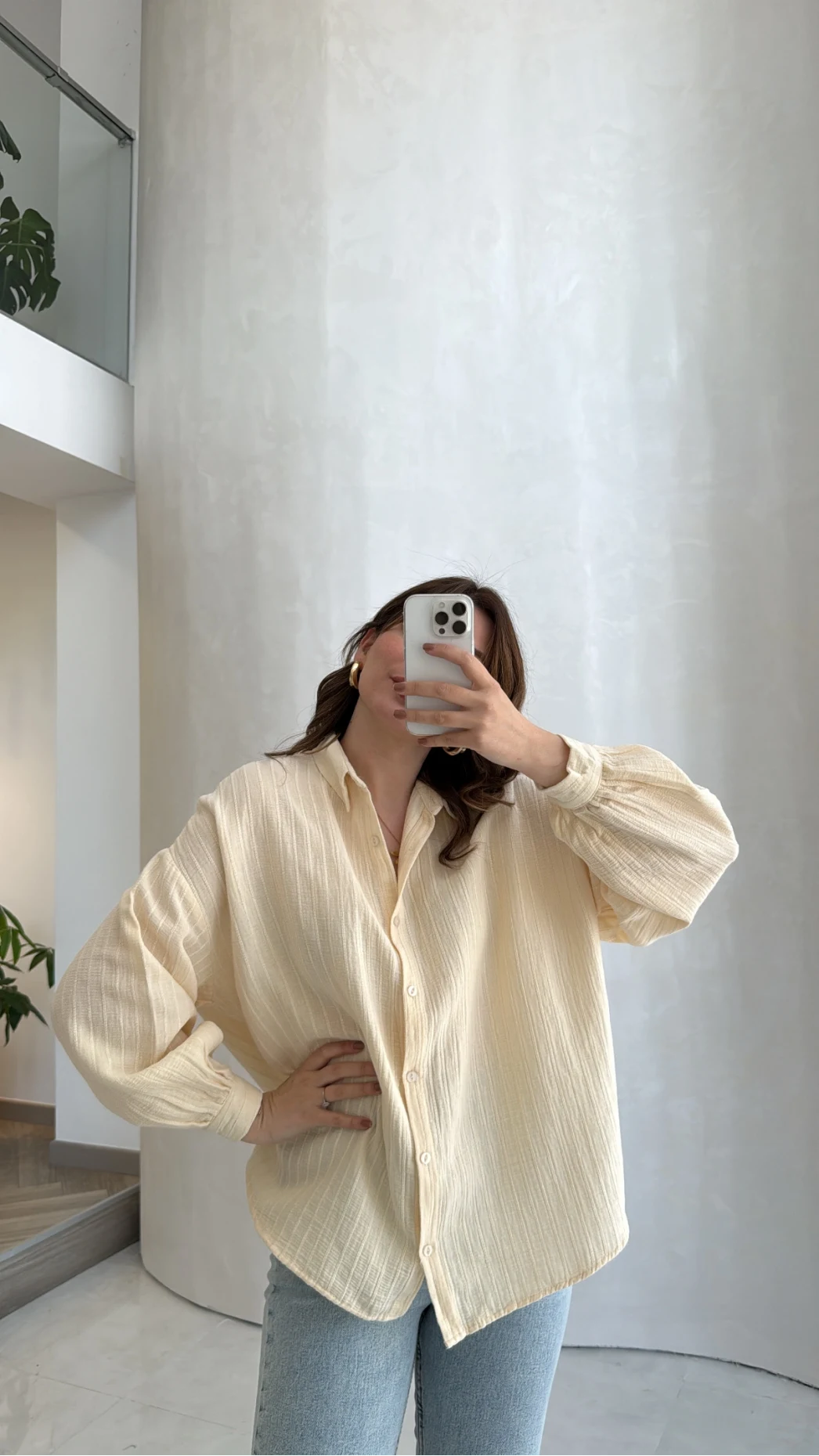 Helen Pamuk Kumaş Uzun Çizgili Gömlek - Sarı - Kod: 2194