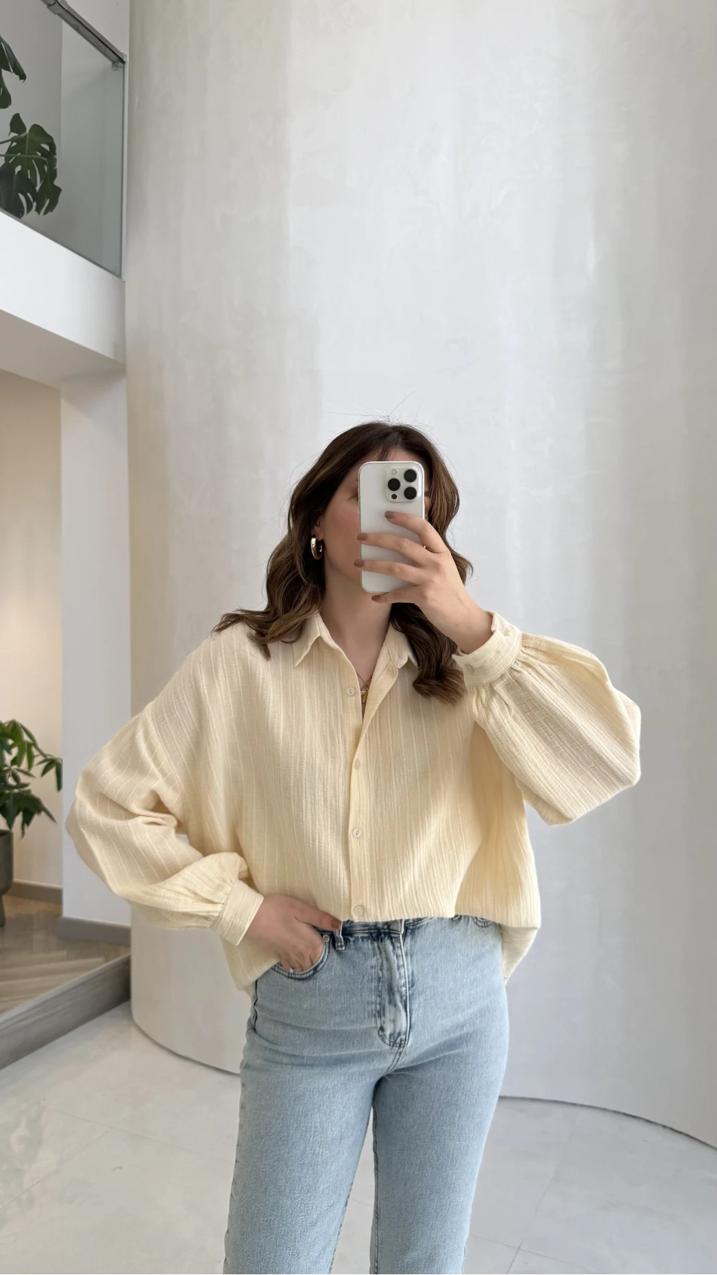 Helen Pamuk Kumaş Uzun Çizgili Gömlek - Sarı - Kod: 2194