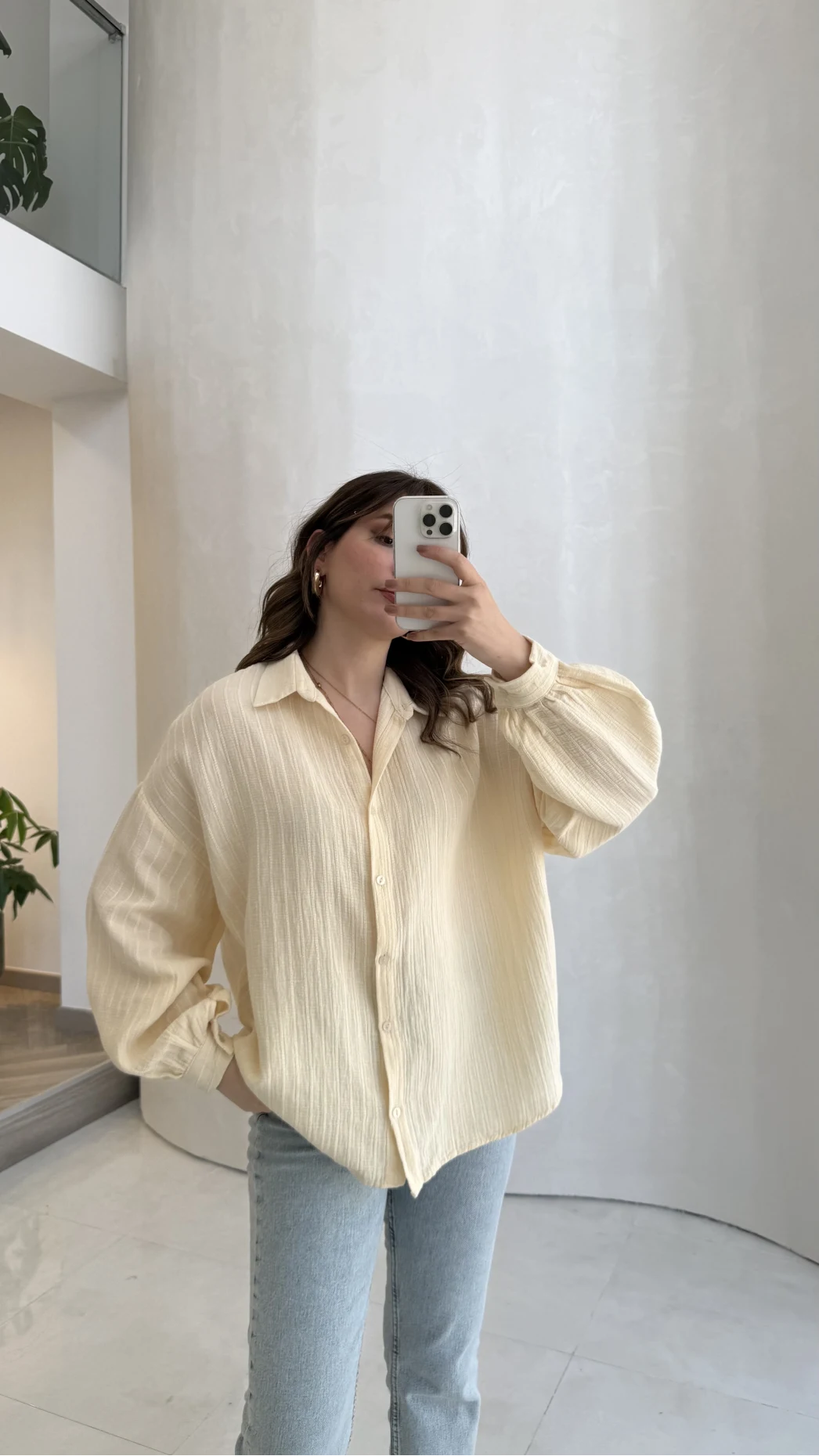 Helen Pamuk Kumaş Uzun Çizgili Gömlek - Sarı - Kod: 2194