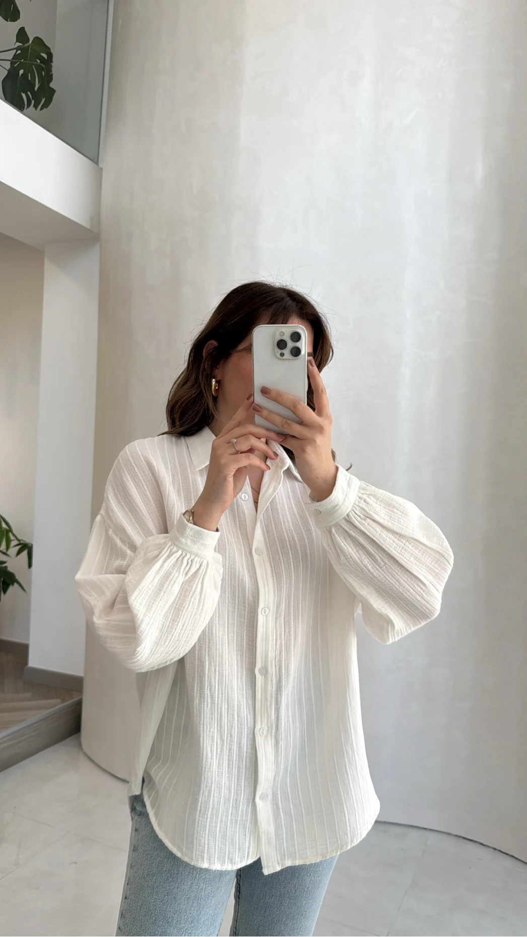 Helen Pamuk Kumaş Uzun Çizgili Gömlek - Ekru - Kod: 2194