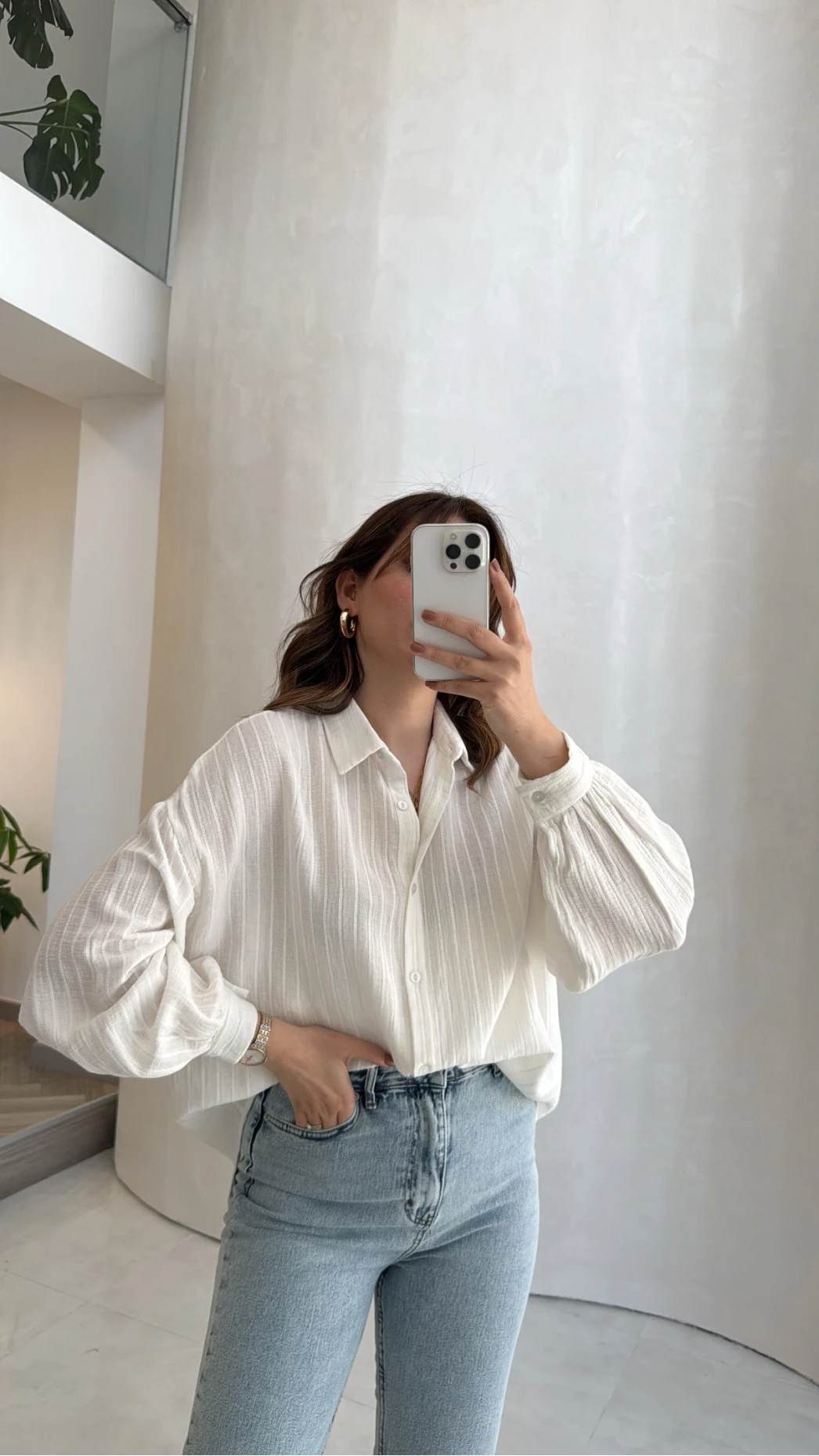 Helen Pamuk Kumaş Uzun Çizgili Gömlek - Ekru - Kod: 2194