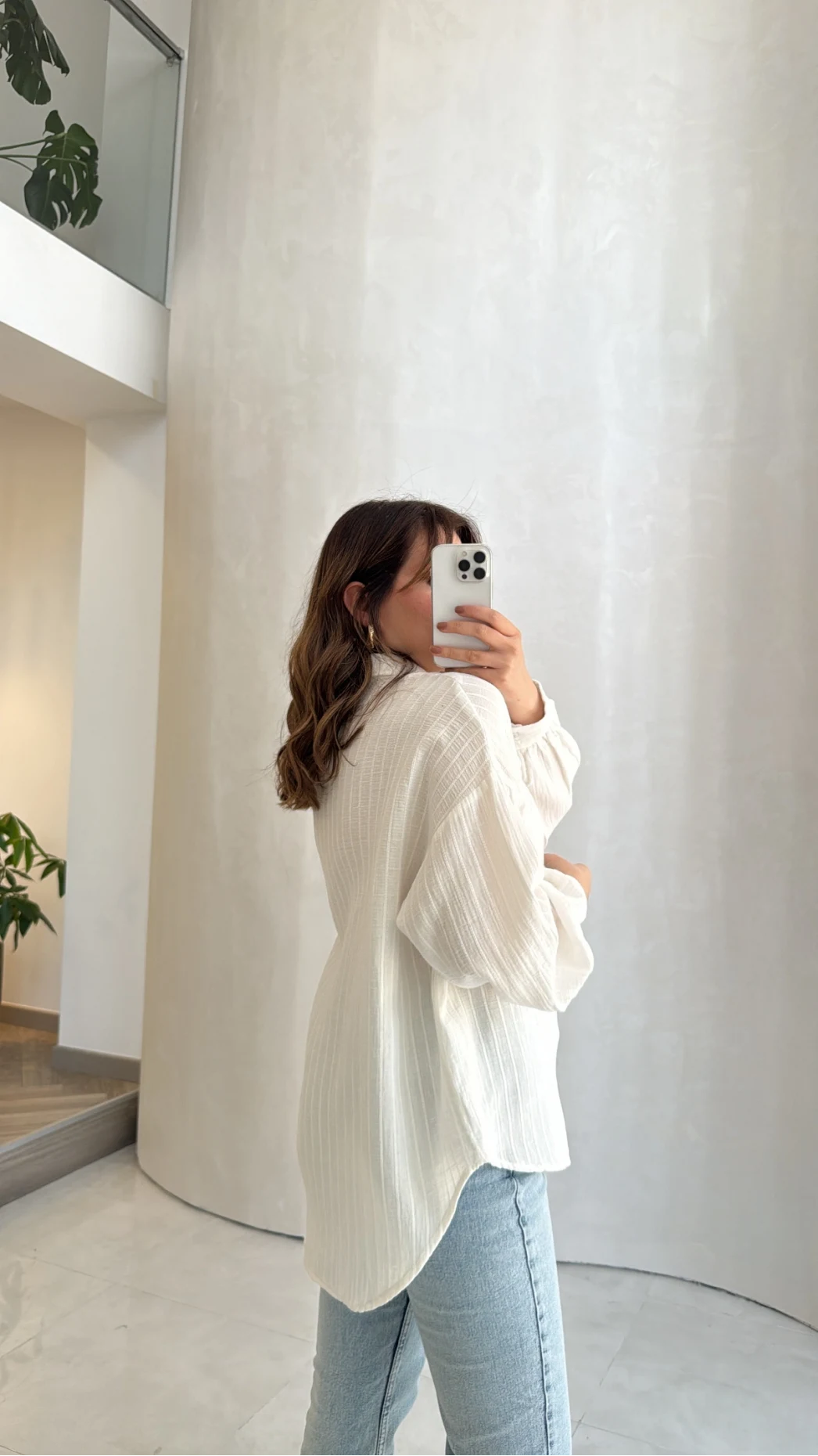 Helen Pamuk Kumaş Uzun Çizgili Gömlek - Ekru - Kod: 2194