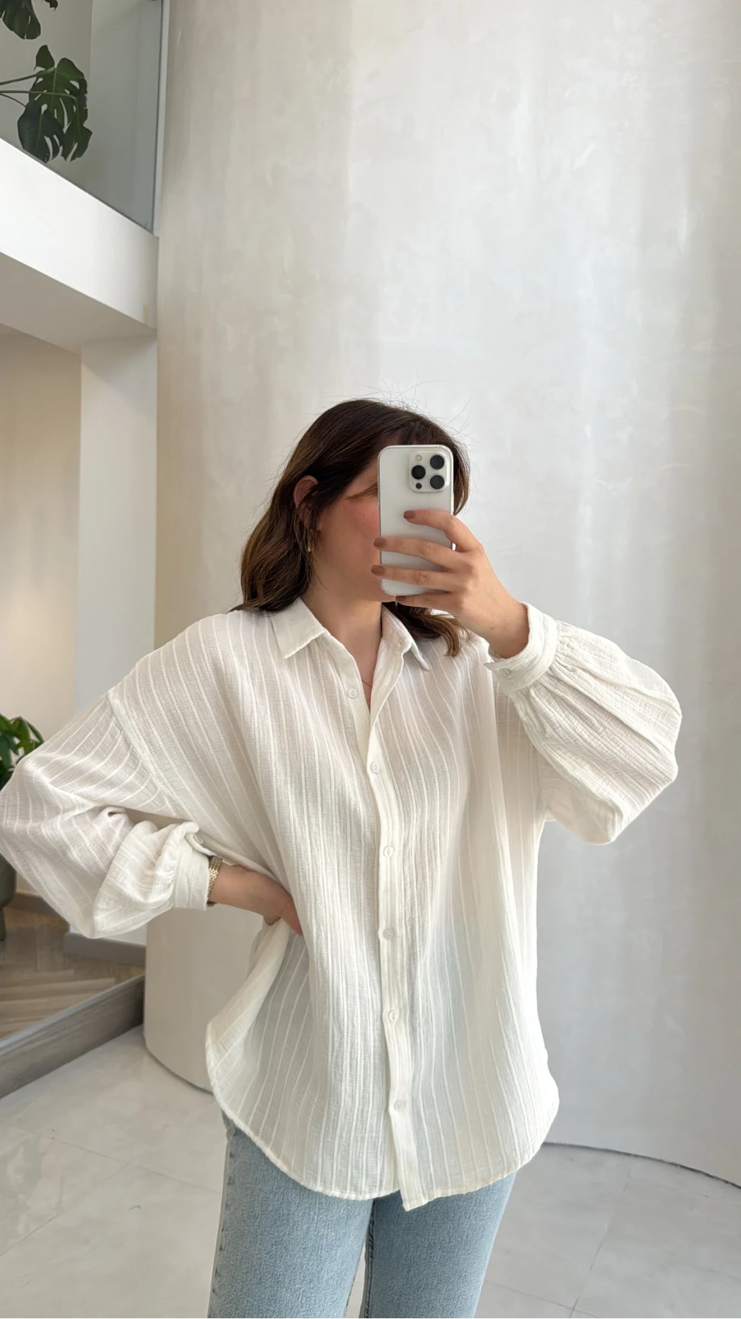 Helen Pamuk Kumaş Uzun Çizgili Gömlek - Ekru - Kod: 2194