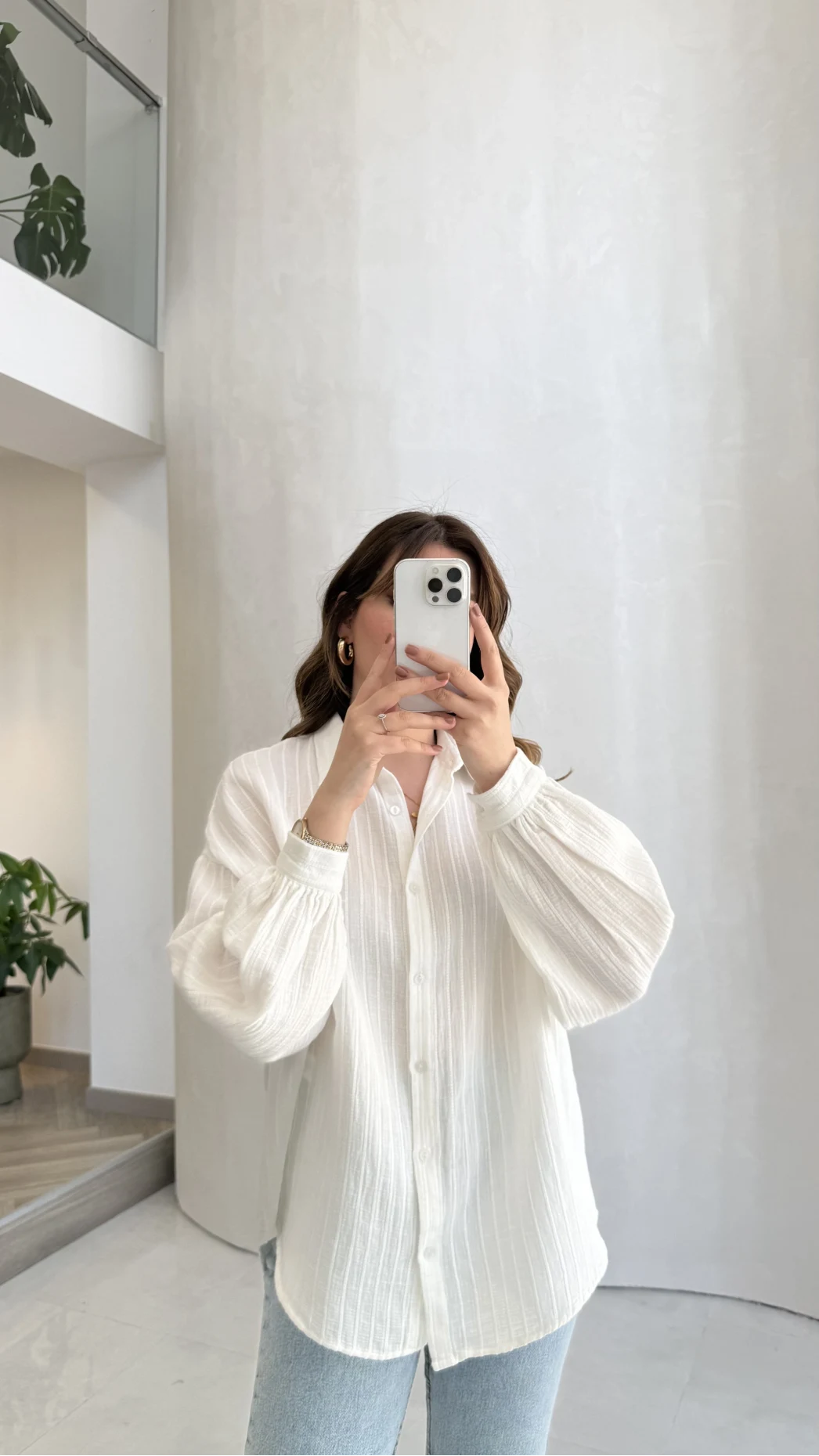 Helen Pamuk Kumaş Uzun Çizgili Gömlek - Ekru - Kod: 2194