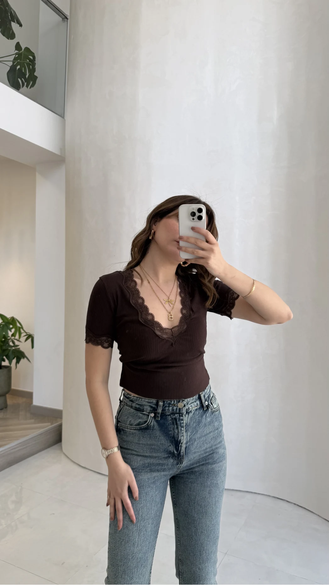 Fitilli Dantel Detay Bluz - Kahverengi - Kod: 1080