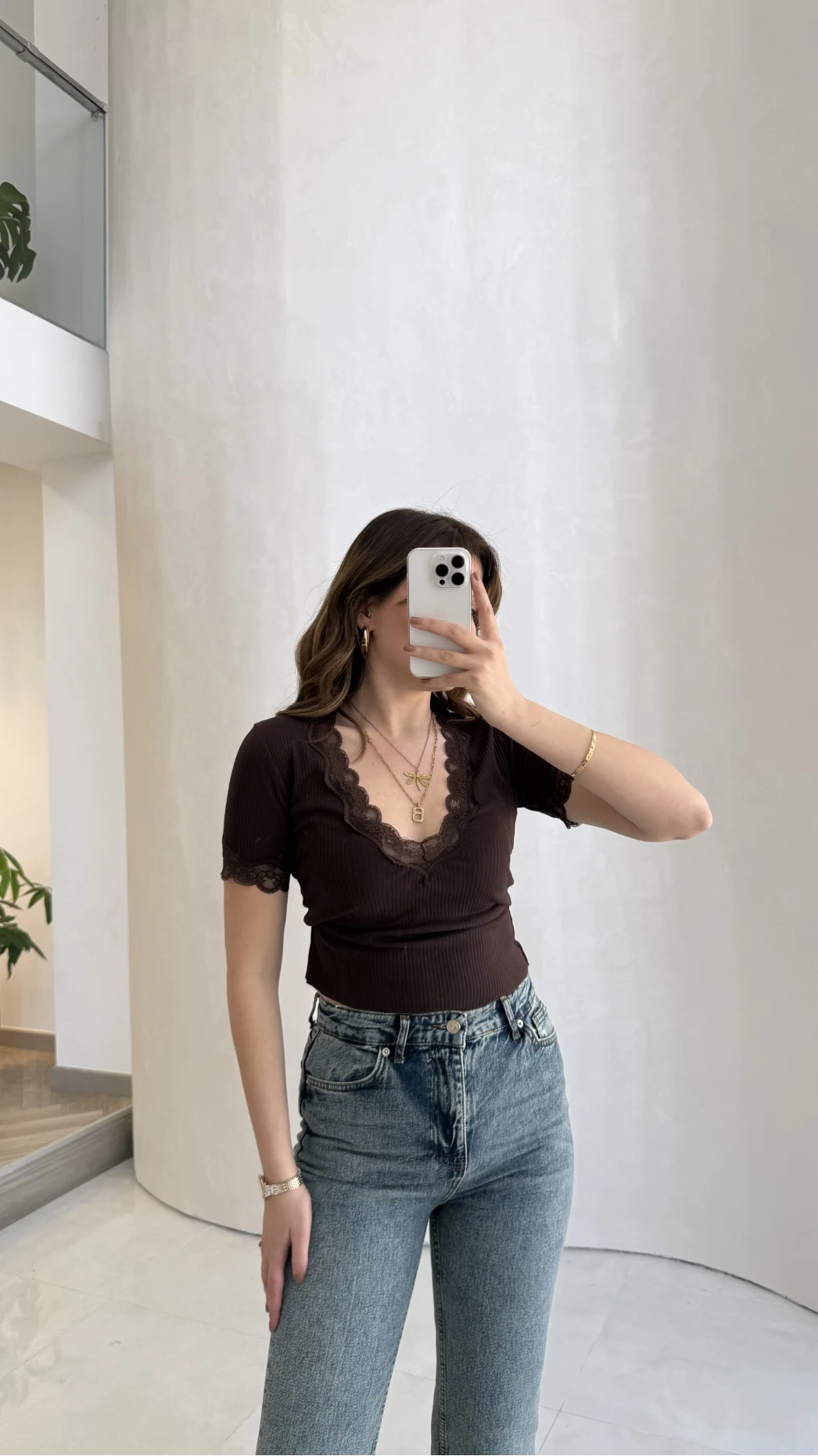 Fitilli Dantel Detay Bluz - Kahverengi - Kod: 1080