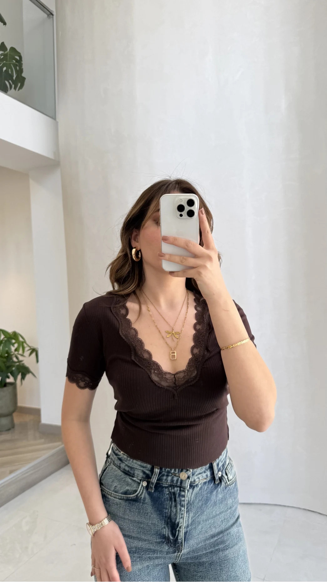 Fitilli Dantel Detay Bluz - Kahverengi - Kod: 1080