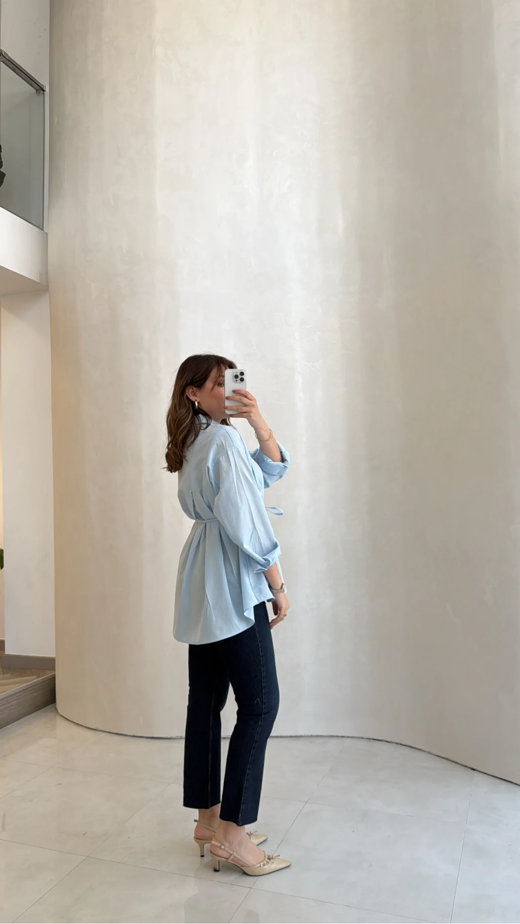 Arkası Pile Detay Bağcıklı Pamuklu Gömlek - Mavi - Kod: 2206