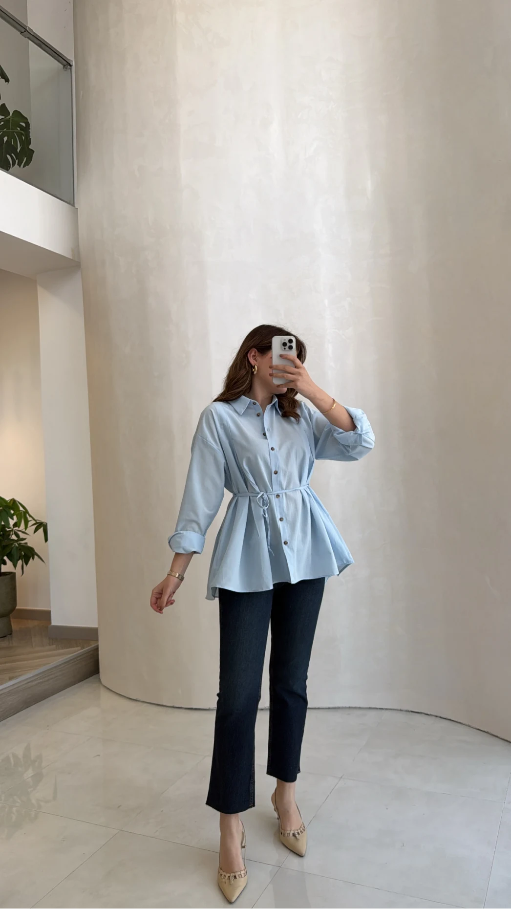 Arkası Pile Detay Bağcıklı Pamuklu Gömlek - Mavi - Kod: 2206