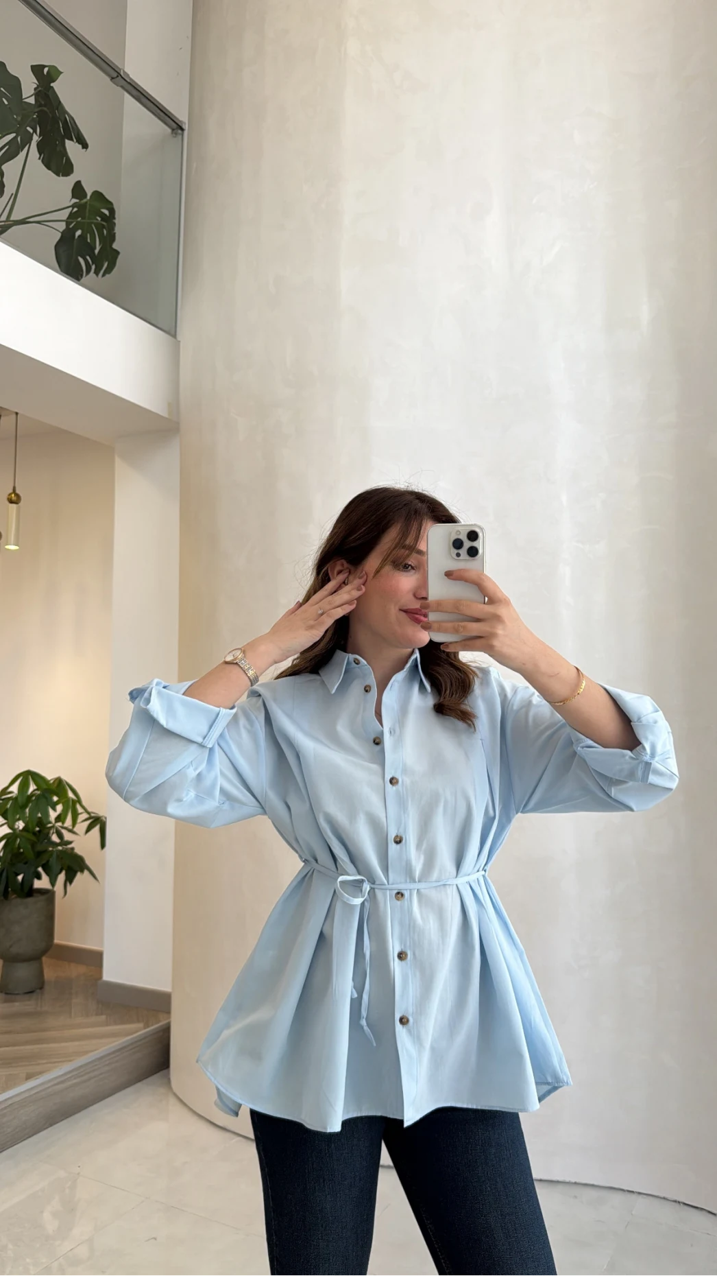 Arkası Pile Detay Bağcıklı Pamuklu Gömlek - Mavi - Kod: 2206