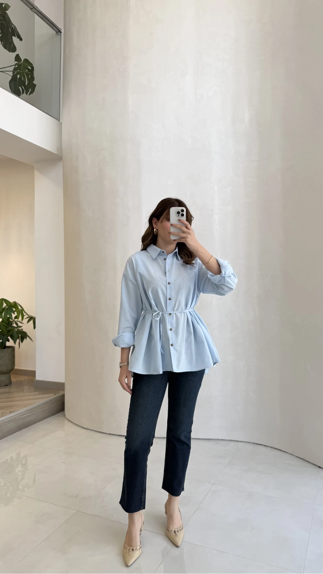 Arkası Pile Detay Bağcıklı Pamuklu Gömlek - Mavi - Kod: 2206