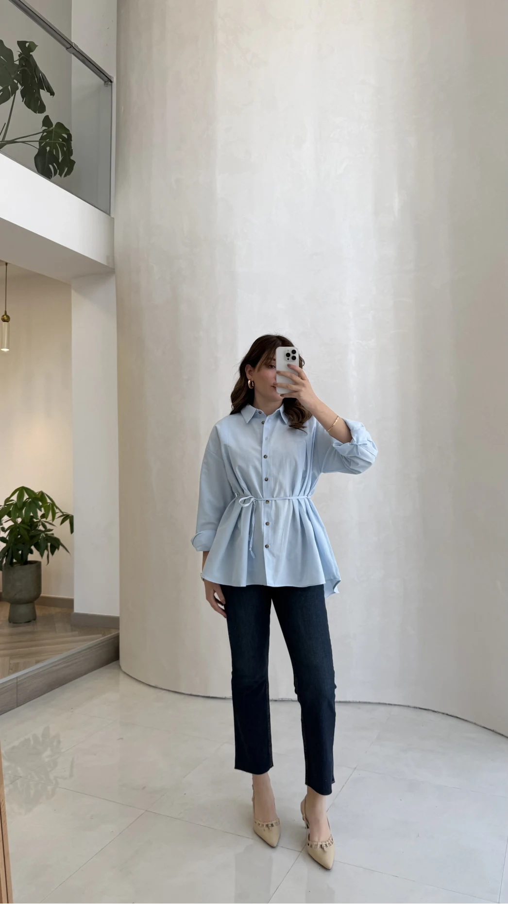 Arkası Pile Detay Bağcıklı Pamuklu Gömlek - Mavi - Kod: 2206