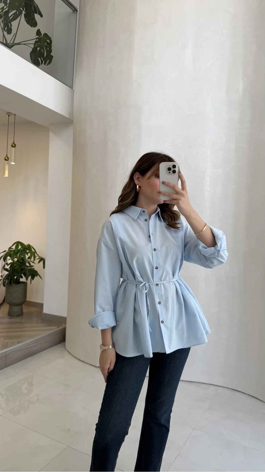 Arkası Pile Detay Bağcıklı Pamuklu Gömlek - Mavi - Kod: 2206