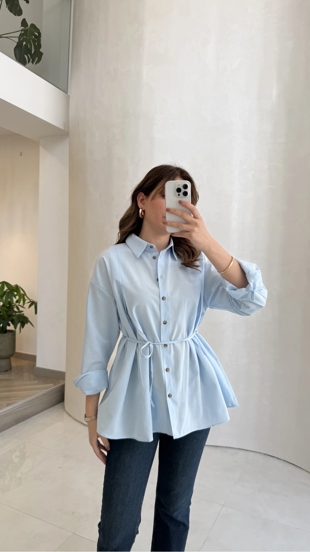 Arkası Pile Detay Bağcıklı Pamuklu Gömlek - Mavi - Kod: 2206