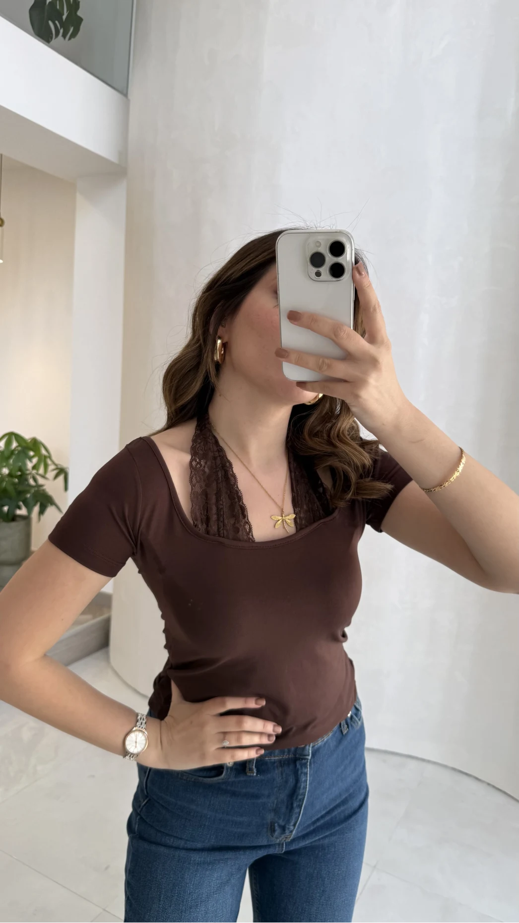 Dantel Boyundan Geçmeli Bluz - Kahverengi - Kod: 8570