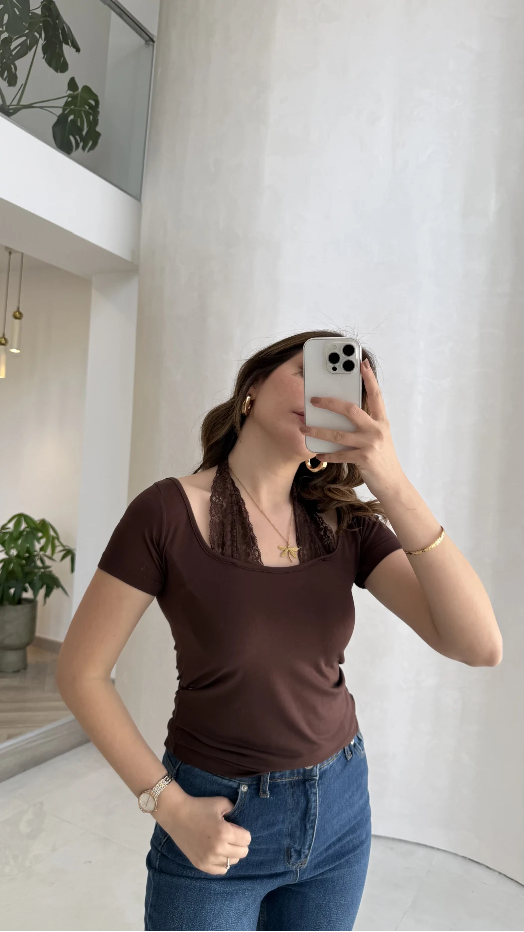 Dantel Boyundan Geçmeli Bluz - Kahverengi - Kod: 8570