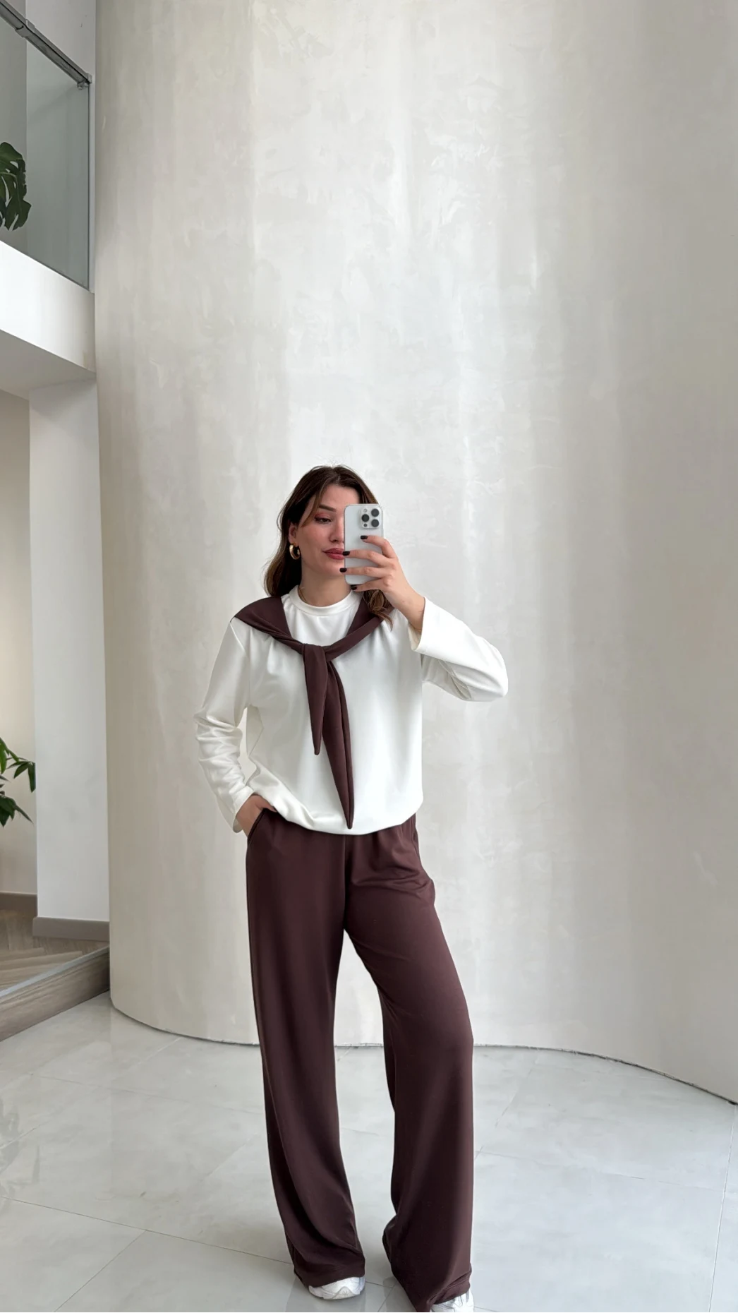 Uzun Kollu Fular Bağlamalı Takım - Kahverengi - Kod: 4126