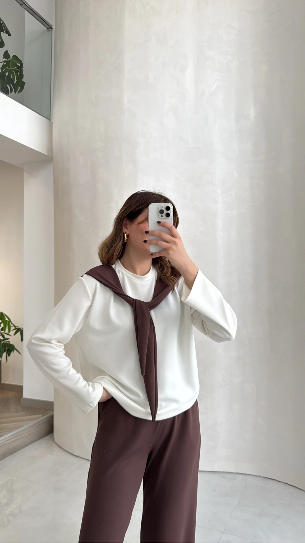 Uzun Kollu Fular Bağlamalı Takım - Kahverengi - Kod: 4126