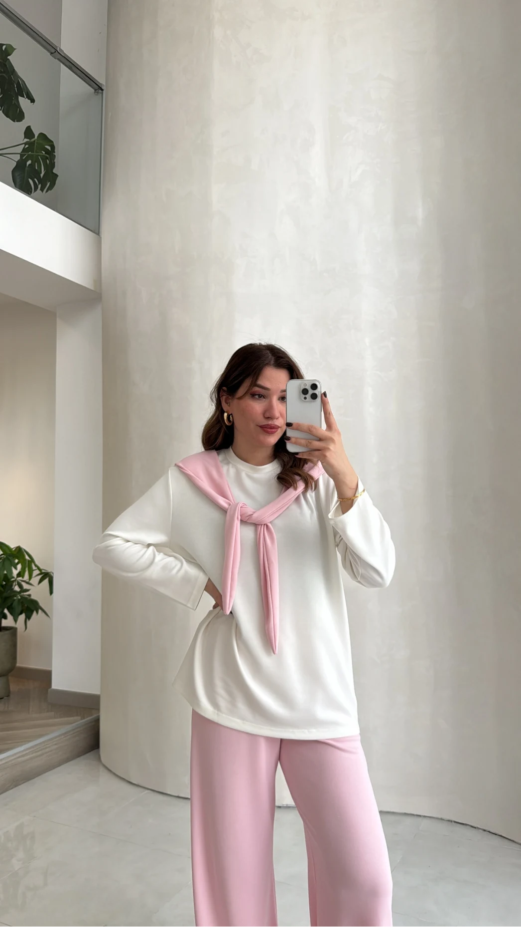 Uzun Kollu Fular Bağlamalı Takım - Pembe - Kod: 4126