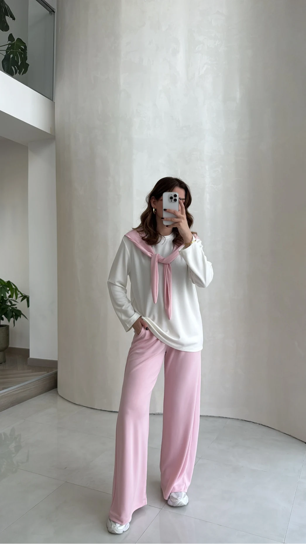 Uzun Kollu Fular Bağlamalı Takım - Pembe - Kod: 4126