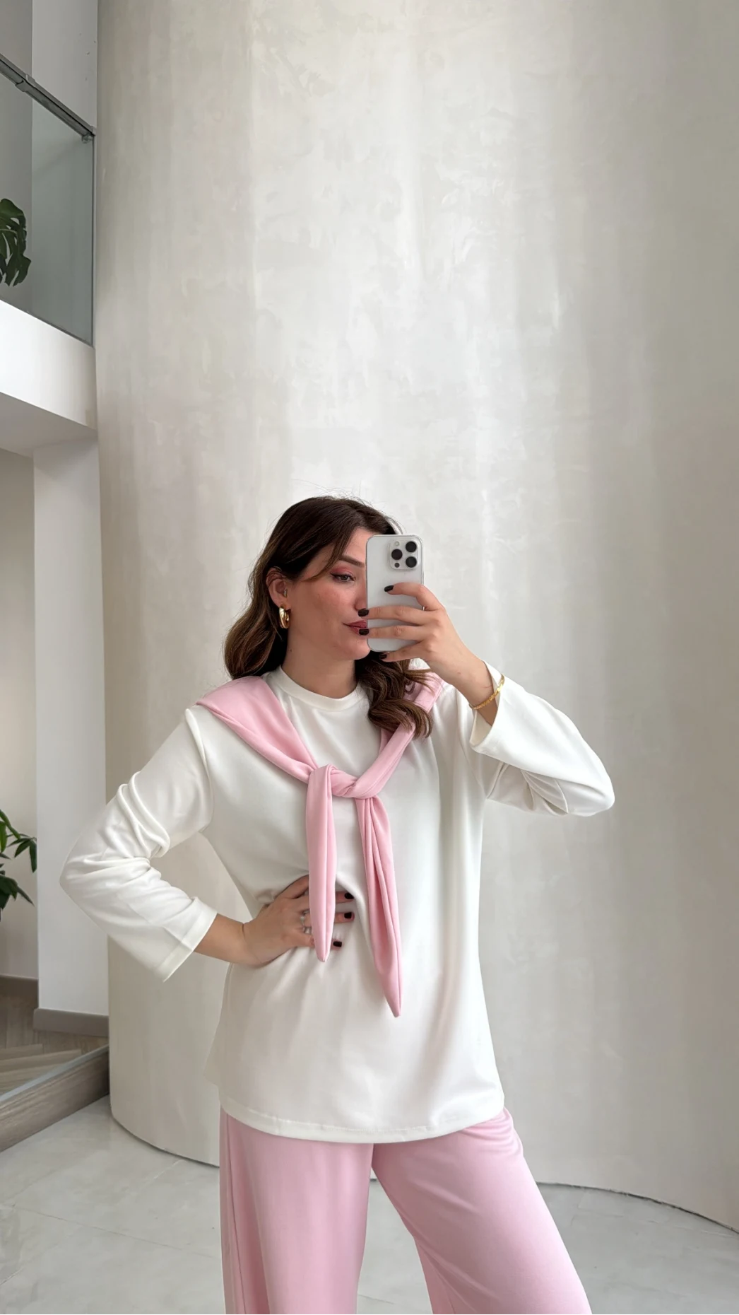 Uzun Kollu Fular Bağlamalı Takım - Pembe - Kod: 4126