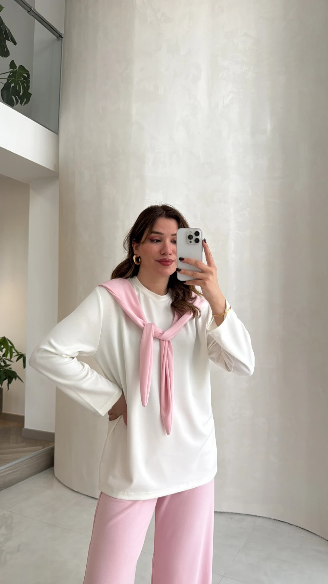 Uzun Kollu Fular Bağlamalı Takım - Pembe - Kod: 4126